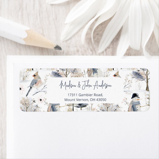 Winter Wonderland Snögubbe och Bird Mönster Returadress Etikett (Insitu)