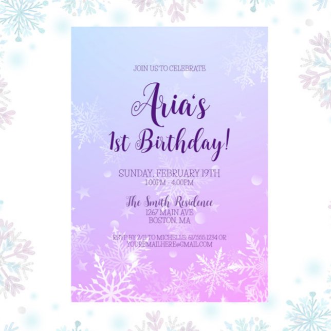 Winter Wonderland Snowflake 1st Birthday Inbjudningar (Winter Wonderland 1st Birthday Party Invitation, Winter Onederland, Snowflake Invite, Girl Birthday)