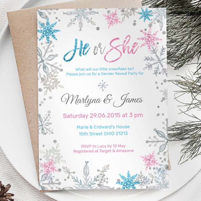 Winter Wonderland Snowflake Gender Reveal Inbjudan (Skapare uppladdad)