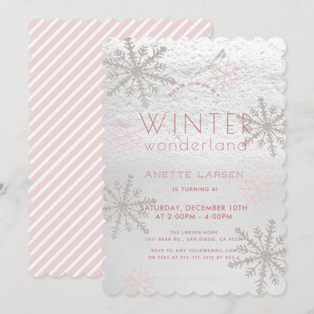 Winter Wonderland Snowflake Rosa Girl Birthday Inbjudningar (Fram/baksida)
