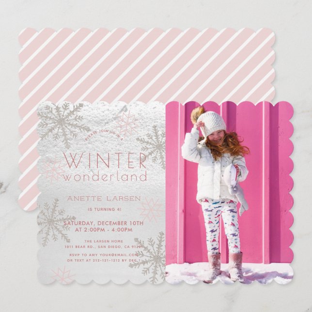 Winter Wonderland Snowflake Rosa Photo Birthday Inbjudningar (Fram/baksida)