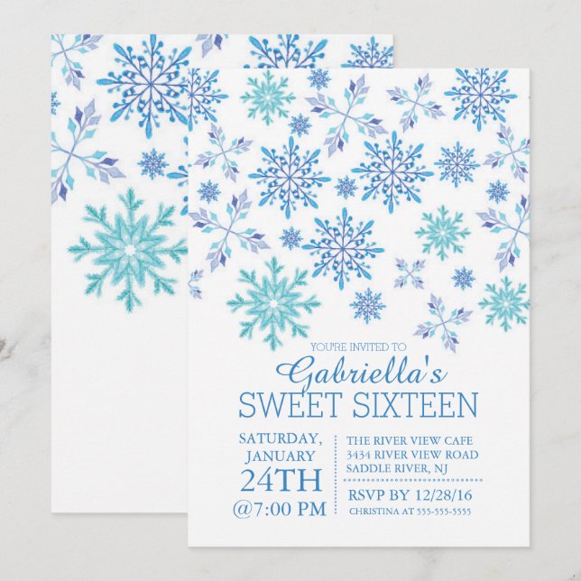 Winter Wonderland Snowflake Sweet sixteen Party Inbjudningar (Fram/baksida)