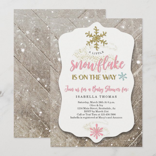Winter Wonderland Snowflake Theme Girl Baby Shower Inbjudningar (Fram/baksida)