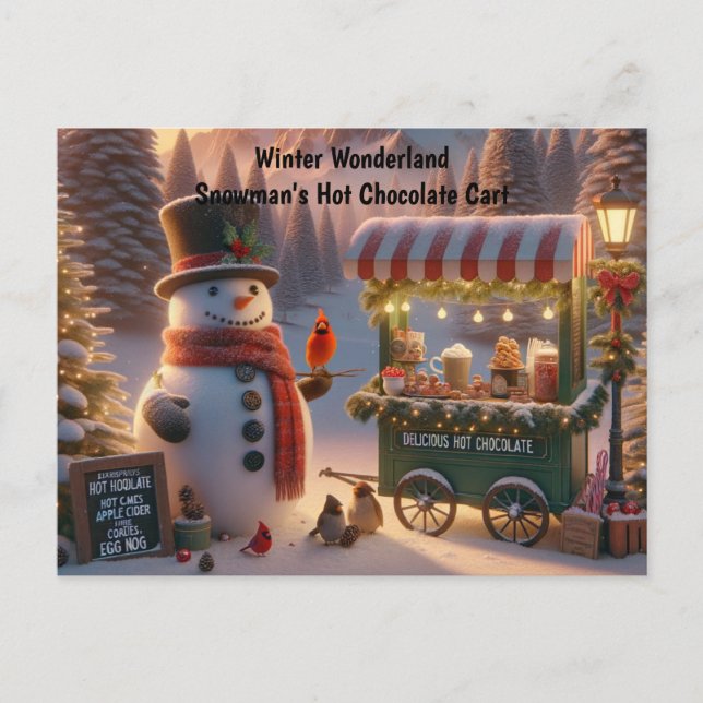Winter Wonderland Snowman's Hot Chocolate Cart Helg Vykort (Framsida)