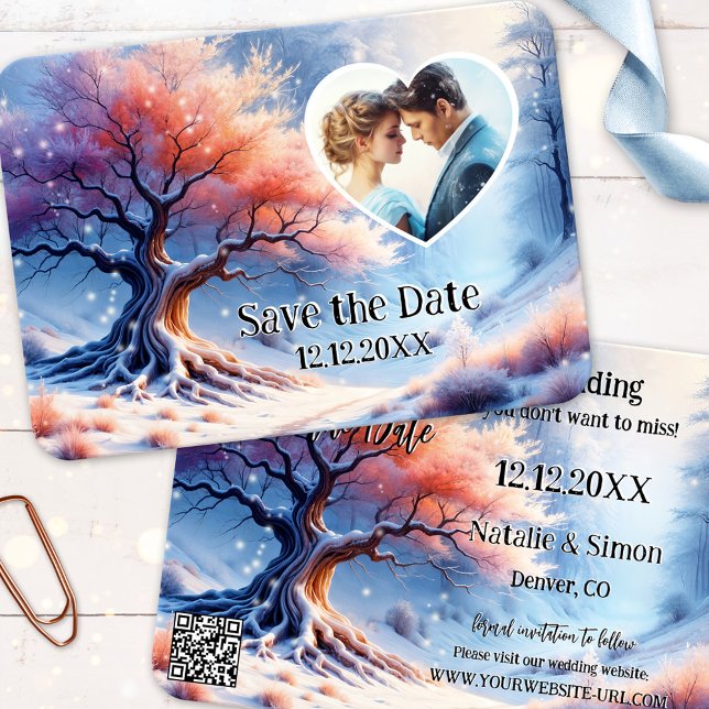 Winter Wonderland Spara datumfotomeddelande Meddelande (Winter wonderland photo Save the Date card featuring a painting of a tree with fine snow flakes)