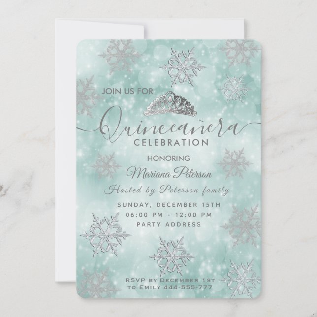 Winter wonderland teal bokeh tiara Quinceañera Inbjudningar (Framsida)