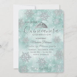 Winter wonderland teal bokeh tiara Quinceañera Inbjudningar