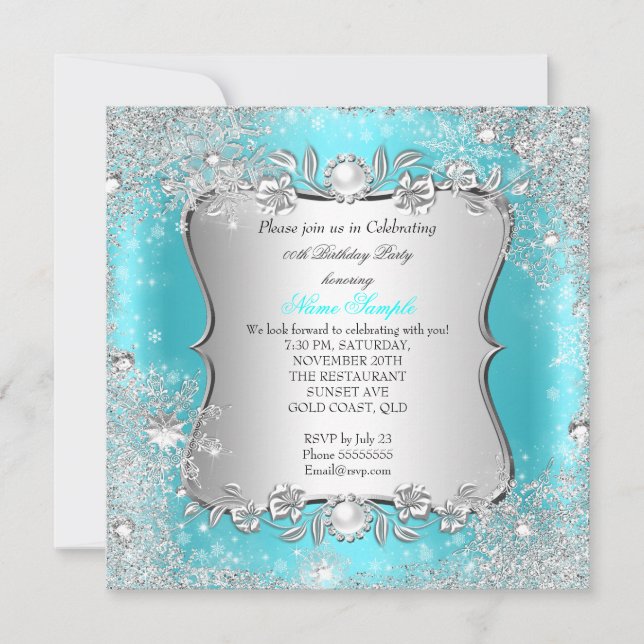 Winter Wonderland Teal Silver Snowflake Birthday 2 Inbjudningar (Framsida)