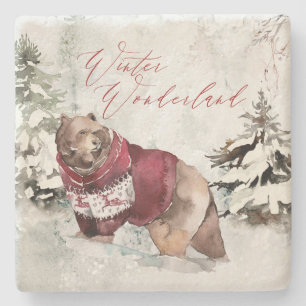 Winter Wonderland Watercolor Snö Scene med björn Stenunderlägg