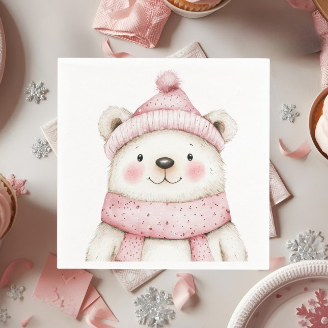 Winter Wonderland White Bear Rosa Birthday Pappersservett (Skapare uppladdad)