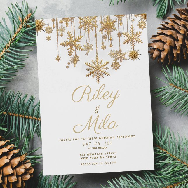 Winter wonderland white guld snöflake Bröllop Inbjudningar (Winter wonderland white gold snowflake Wedding )