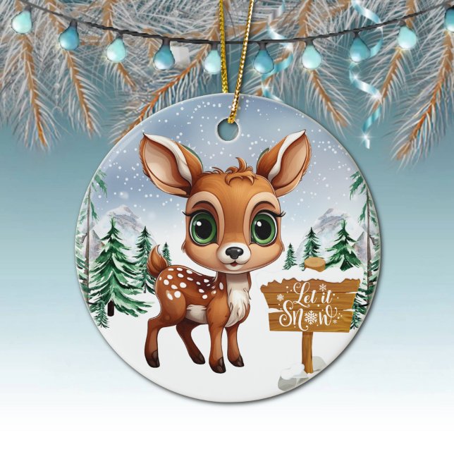 Winter Wonderland Wildlife Deer Holiday Decor 🦌🎄 Julgransprydnad Keramik (Winter wonderland wildlife deer holiday decor ornament cute baby doe Let It Snow Decoration 🦌🎄)