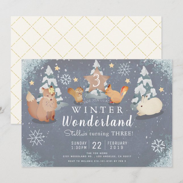 Winter Wonderland Woodland Animals Birthday Inbjudningar (Fram/baksida)