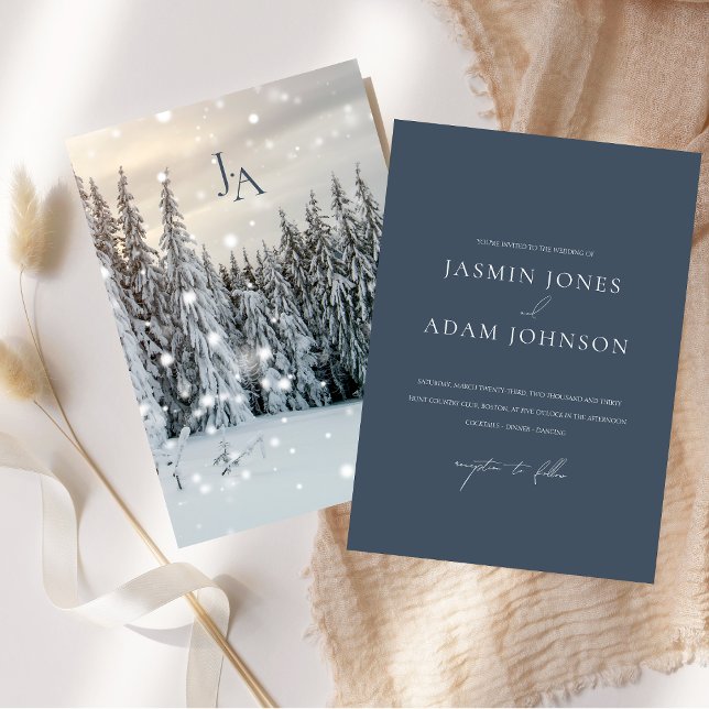 Winter Wonderland Woodland Snö Script Bröllop Inbjudningar (Winter Wonderland Woodland Snow Script Wedding Invitation)