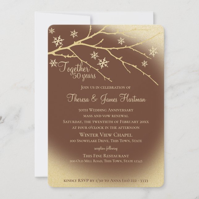 Winter Woodland 50-årsdagen Guld och Brown Inbjudningar (Framsida)
