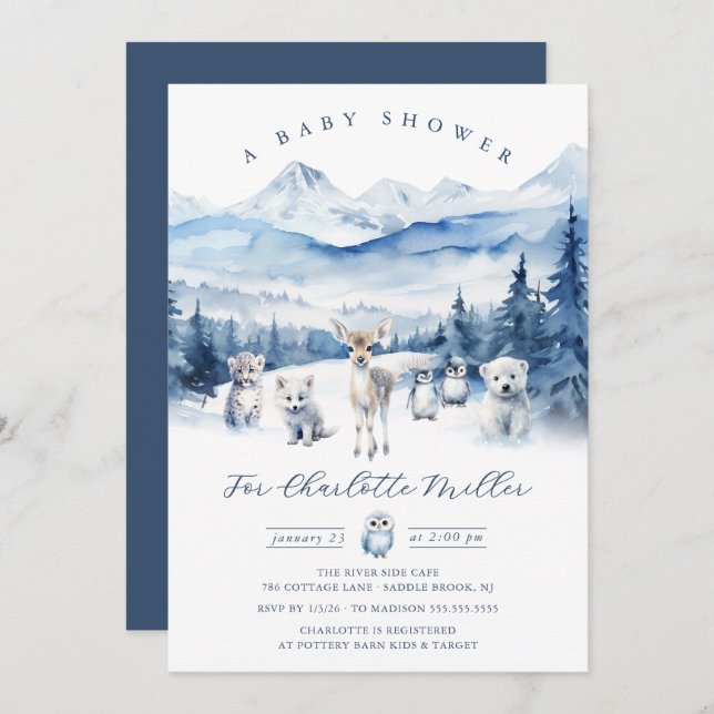 Winter Woodland Animal Baby Shower Invite Inbjudningar (Fram/baksida)