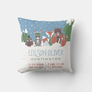 Winter Woodland Animals Baby Birth Stats Kudde