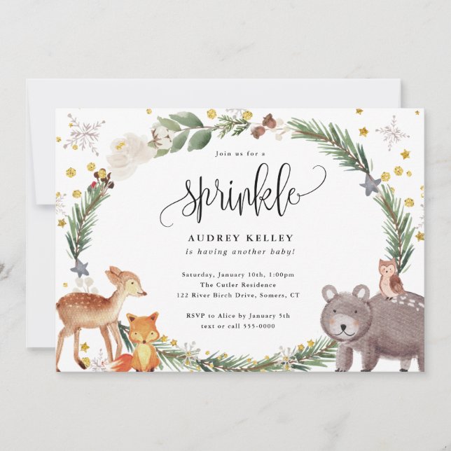 Winter Woodland Animals Baby Sprinkle Shower Inbjudningar (Framsida)