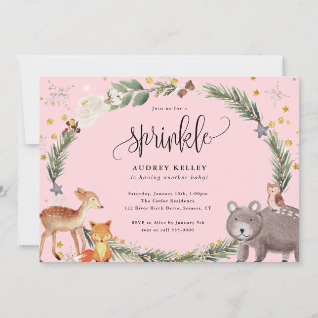 Winter Woodland Animals Baby Sprinkle Shower Rosa Inbjudningar (Framsida)