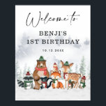 Winter Woodland Animals Födelsedagsfest Välkommen Poster<br><div class="desc">Den här magiska designen har en grupp vackra skogsdjur och frostiskt skogslandskap i elegant muterade helgdag färg.</div>