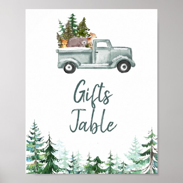 Winter Woodland Animals Gräs Träd Gifts Bord Poster (Framsidan)