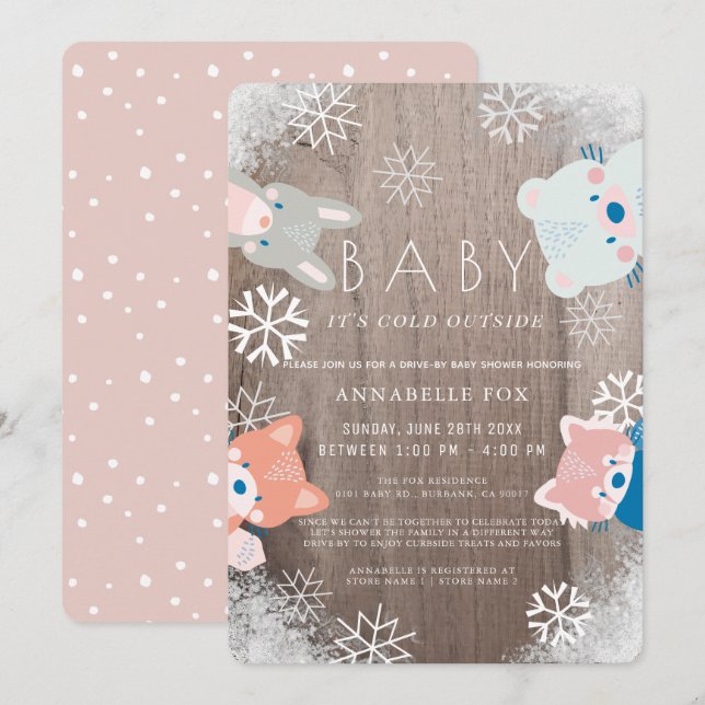 Winter Woodland Animals Rosa Drive by Baby Shower Inbjudningar (Fram/baksida)