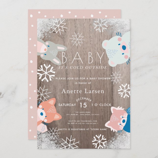 Winter Woodland Animals Snowflake Rosa Baby Shower Inbjudningar (Fram/baksida)