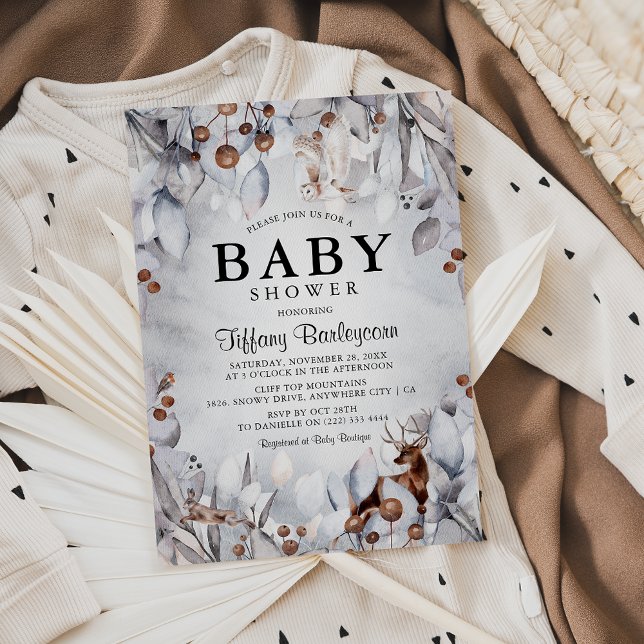 Winter Woodland Animals Vattenfärgsbabyskor Inbjudningar (Skapare uppladdad)