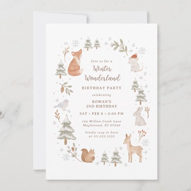 Winter Woodland Animals Wonderland Birthday Inbjudningar (Framsida)