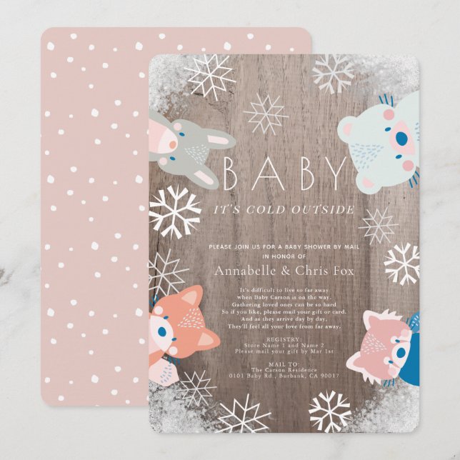 Winter Woodland Anims Rosa Baby Shower by Mail Inbjudningar (Fram/baksida)