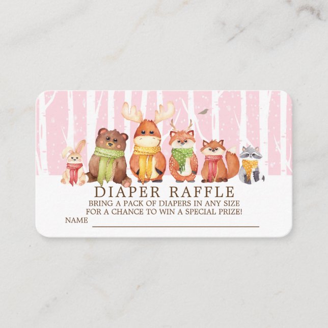 Winter Woodland Baby djur Diaper Raffle Biljett Tilläggskort (Framsida)