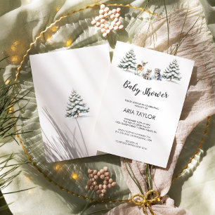 Winter Woodland Baby djur White Baby Shower Inbjudningar