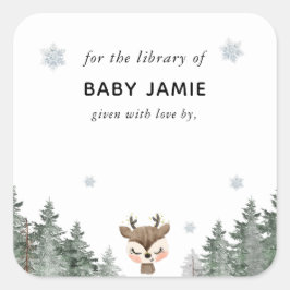 Winter Woodland Baby Shower Bibliotek Fyrkantigt Klistermärke