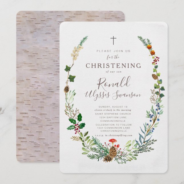 Winter Woodland Christening-inbjudan Inbjudningar (Fram/baksida)
