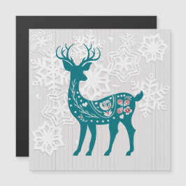 Winter Woodland Elk Hjort Snowflake Magnet Card