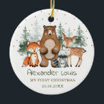 Winter Woodland Forest Animals Baby 1:a jul Julgransprydnad Keramik<br><div class="desc">Den här fina utformningen har elegantens grönt och guld botaniska grey och en grupp söta trädsdjur.</div>