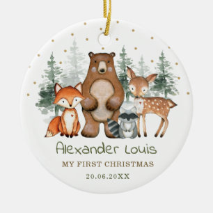 Winter Woodland Forest Animals Baby 1:a jul Julgransprydnad Keramik