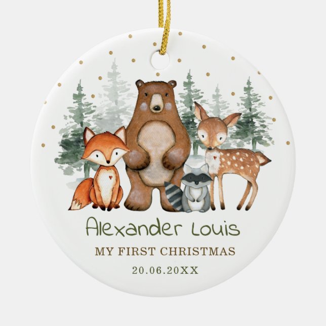 Winter Woodland Forest Animals Baby 1:a jul Julgransprydnad Keramik (Framsidan)