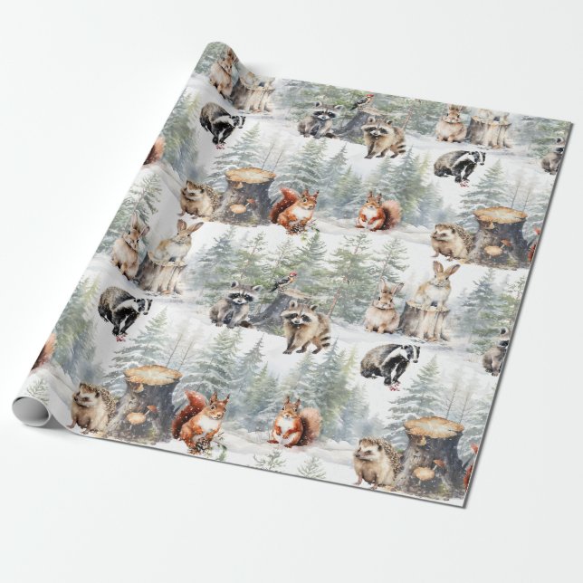 Winter Woodland Forest Baby djur Presentpapper (Utrullad)