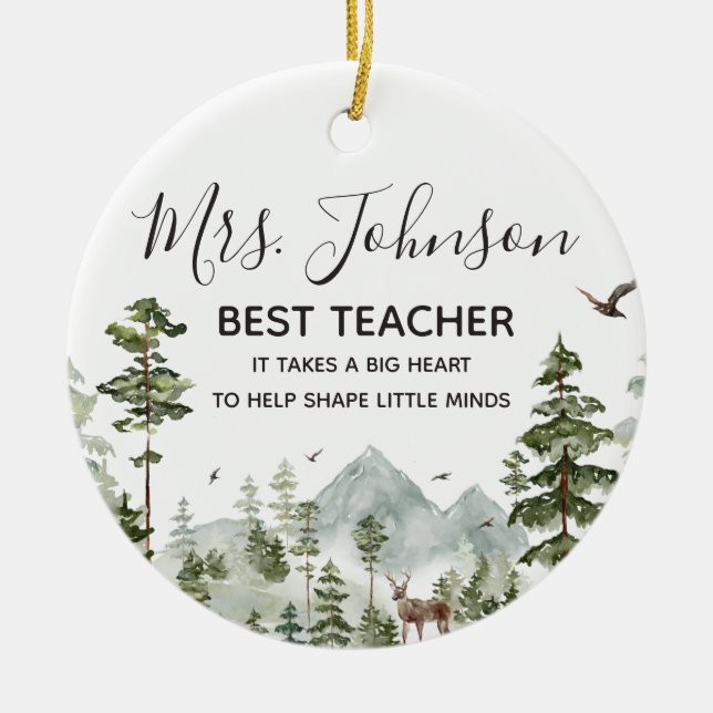Winter Woodland Forest Best Teacher Julgransprydnad Keramik (Framsidan)
