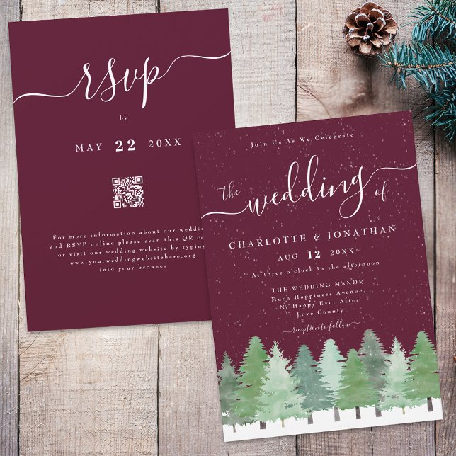 Winter Woodland Forest Burgundy Bröllop Qr Code Inbjudningar (Winter Woodland forest watercolor sage green and white wedding qr code invitation Elegant romantic)