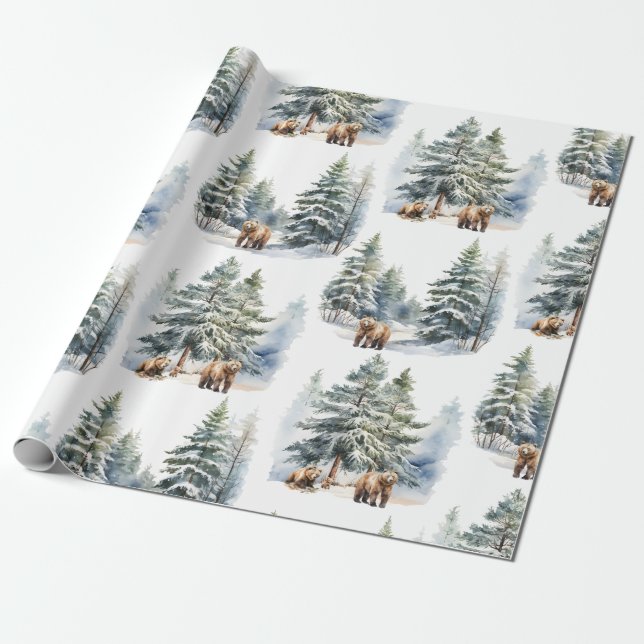 Winter Woodland Forest Grizzly Bear Family Helgdag Presentpapper (Utrullad)