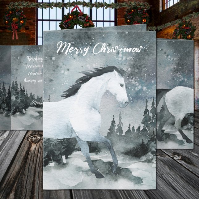 Winter Woodland Forest White Horse God jul Helgkort (Winter Woodland Forest White Horse Merry Christmas Holiday Card. Edit this text front & inside card.)