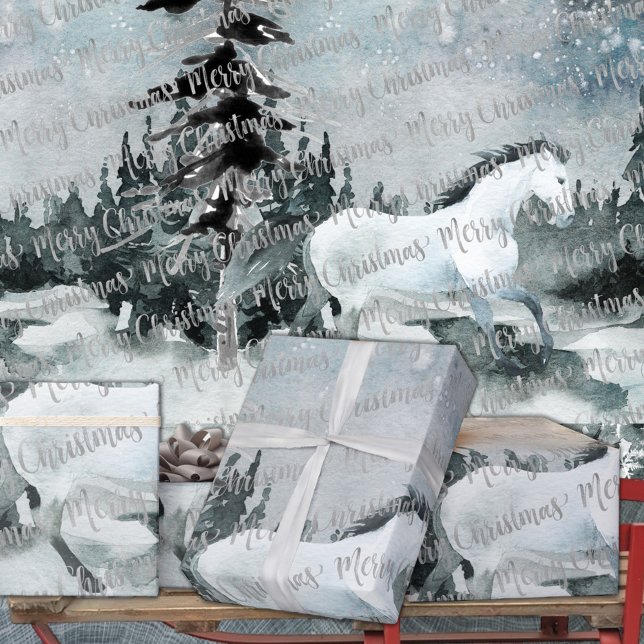 Winter Woodland Forest White Horse God jul Presentpapper (Winter Woodland Forest White Horse Merry Christmas in Silver Calligraphy Holiday Gift Wrapping Rolls)
