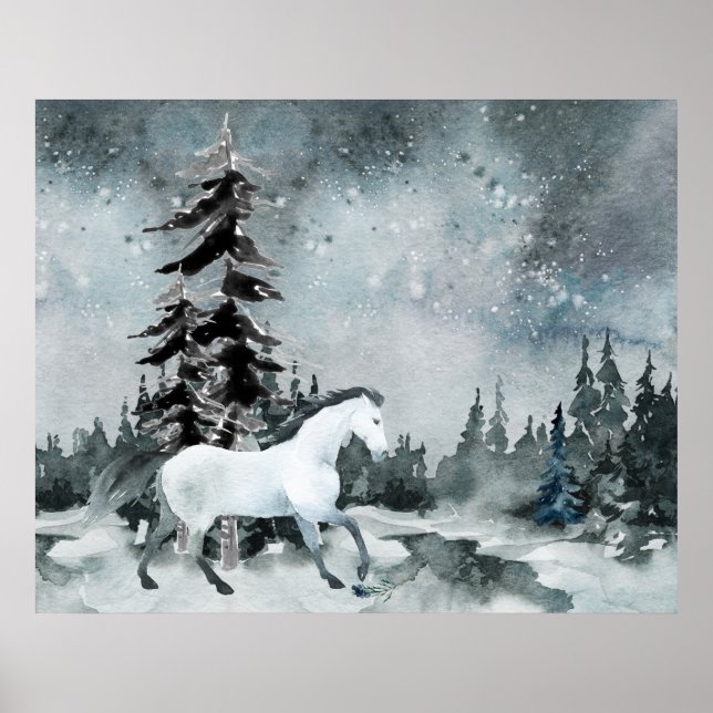 Winter Woodland Forest White Horse Night Himlar Poster (Framsidan)