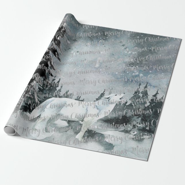 Winter Woodland Forest White Varg God jul Presentpapper (Utrullad)