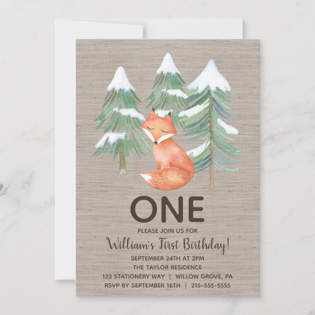 Winter Woodland Fox Första Födelsedagsfesten Inbjudningar (Framsida)