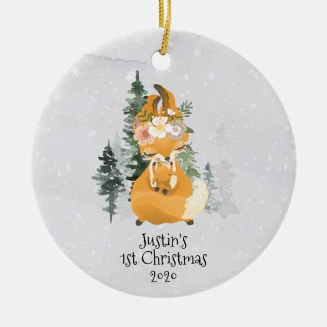 Winter Woodland Fox Mamma Baby 1:a jul Julgransprydnad Keramik (Framsidan)