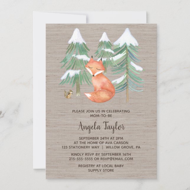 Winter Woodland Fox och Chipmunk Baby Shower Inbjudningar (Framsida)