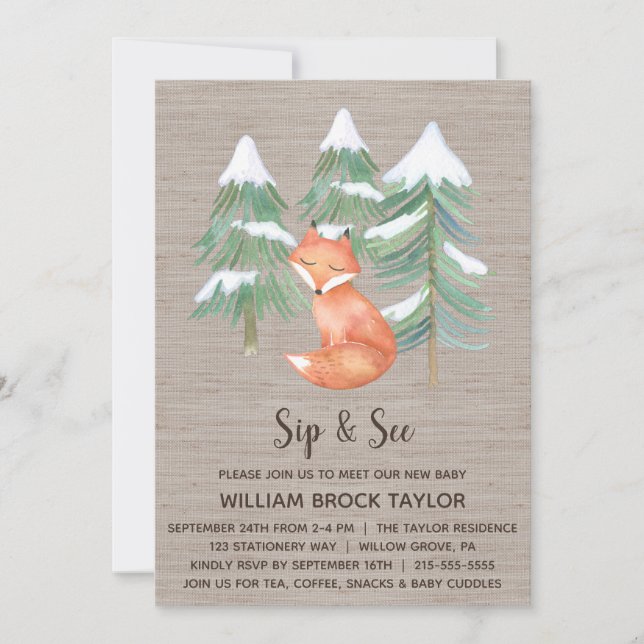Winter Woodland Fox Sip och Se Inbjudningar (Framsida)